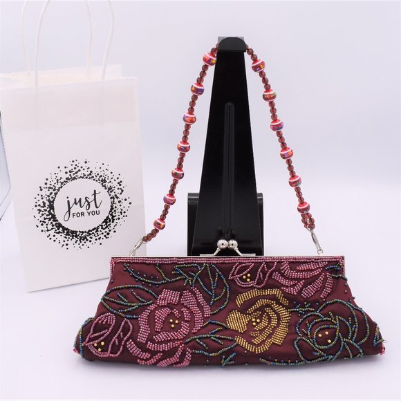 BURGUNDY FLORAL BEADED EVENING BAG - Picture 1 of 5